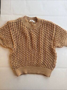 Mango Openwork Crochet Short Sleeve Sweater - Tan